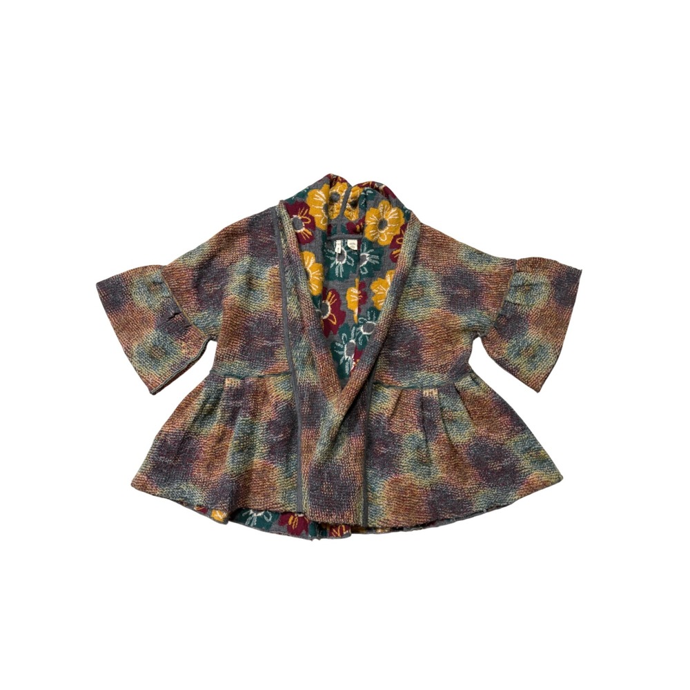 Reversible Fuzzy Boho Cardigan Jewel Tone Floral Bell Sleeve Peplum
